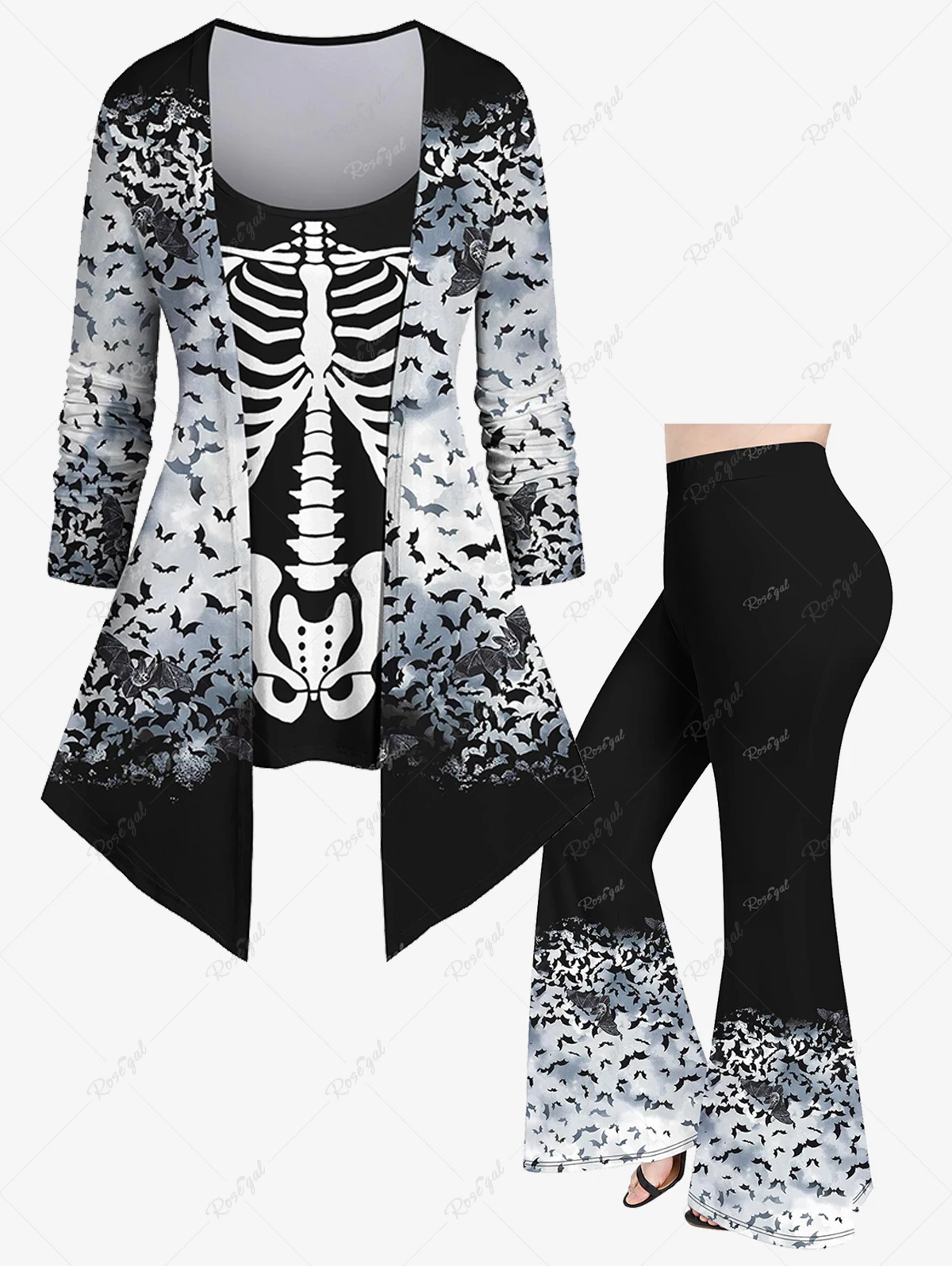 

Plus Size Women's Skeleton Colorblock Bat Printed High Stretch 2 In 1 T-shirt Or Flare Pants New Halloween Daily Casual Set