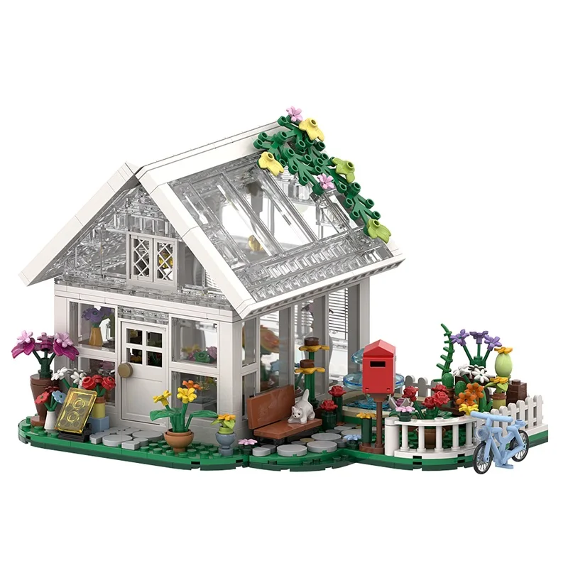 MOC City Street View Creative Flower House Architecture Building Block Transparent Flower Store Bricks LED Light Toys Girl Gift