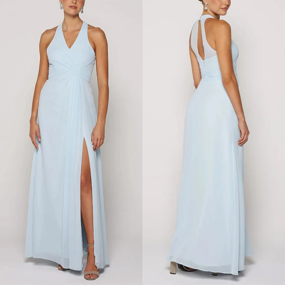 Customized V-neck Sleeveless Pleat Blue Wedding Party Dresses Vestidos Para Bodas Mujer Invitada Robe De Soirée Femme Chic Prom
