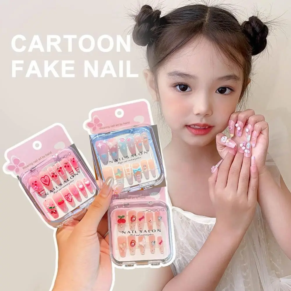 New Fashion Cartoon Children Wearing Nails Cherry Love Heart Detachable Press on Nail Cute Long Nail Sticker for Girls Students view 3