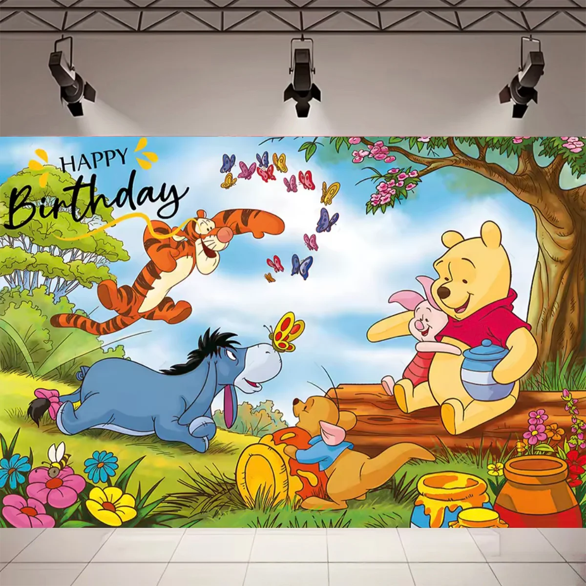 Niedlicher Hintergrund mit Winnie Puuh-Motiv für Kinder, 1. Geburtstag, Party, Babyparty, Dekor, Banner, Studio, Porträtfotografie, Hintergrund