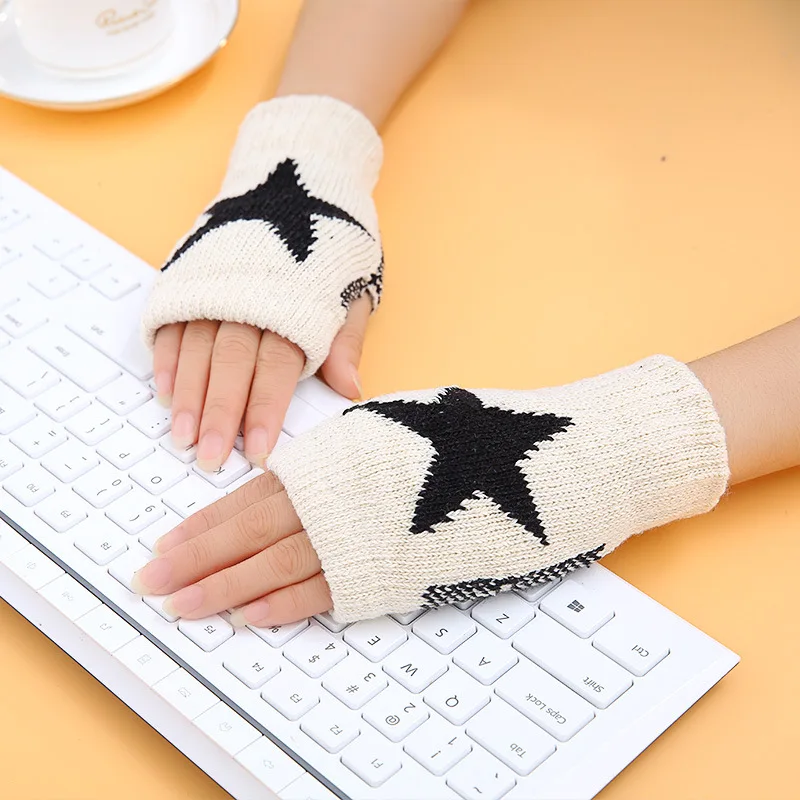 1pair Fashion Five Star Knitted Woolen Gloves Autumn Winter Trend Men\'s and Women\'s Half Finger Warm Five pointed Star Gloves