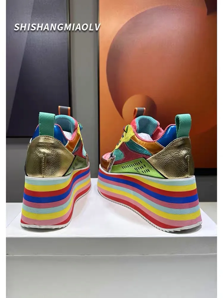 Primavera autunno donna Sneakers colorate scarpe alte con plateau tacchi grosso Casual papà scarpa vera pelle fondo spesso moda nuovo