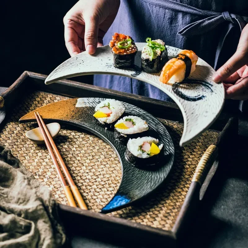 LingAo-Plato sushi cerâmica japonesa en forma luna, postre, pastelaria, plato bola masa, criativo