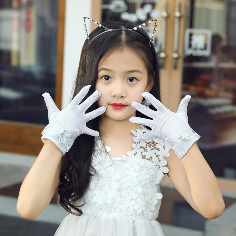 Princess Flower Girl Long Wedding Gloves Evening Party Kids Glove Birthday Pearl Lace Bowknot Performance Gloves For Child