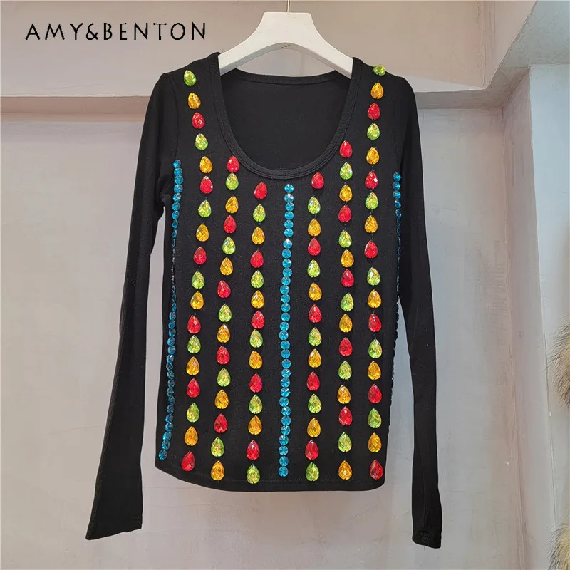 2023 Autumn And Winter New Tees Round Neck Design Sense Heavy Industry Hand Sewing Color Rhinestone Slim-Fit Base T-shirt Female