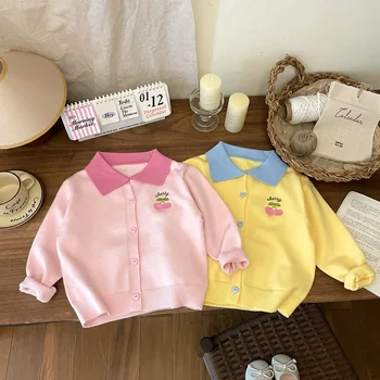 เสื้อคาร์ดิแกนถักสำหรับเด็กผู้หญิง, เสื้อกันหนาวเด็กหวานแขนยาว2024ฤดูใบไม้ร่วง