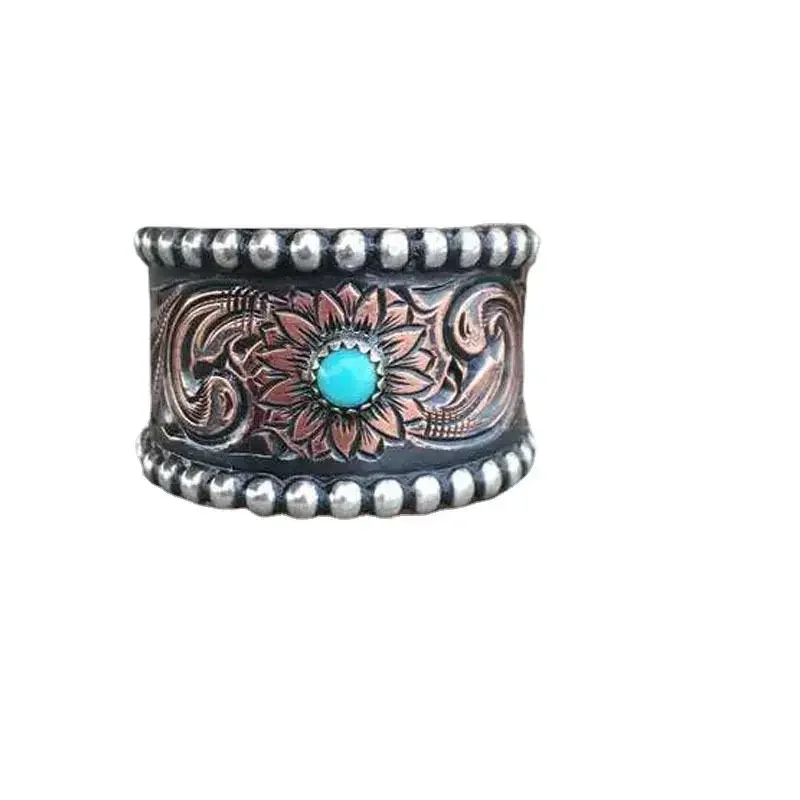 Vender anillo de cobre turquesa azul en relieve de círculo completo retro de dos colores de oro rosa, joyería de mano