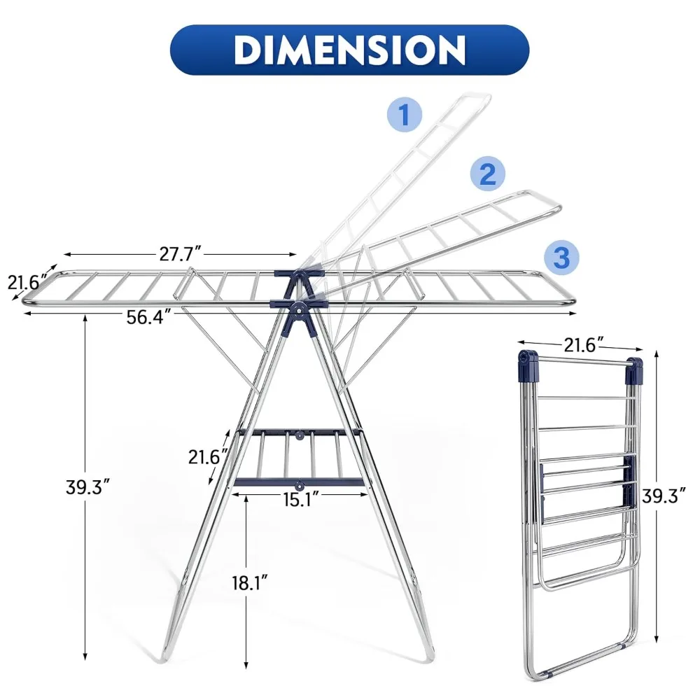 رف تجفيف الملابس قابل للطي بارتفاع قابل للتعديل من الفولاذ المقاوم للصدأ للغسيل