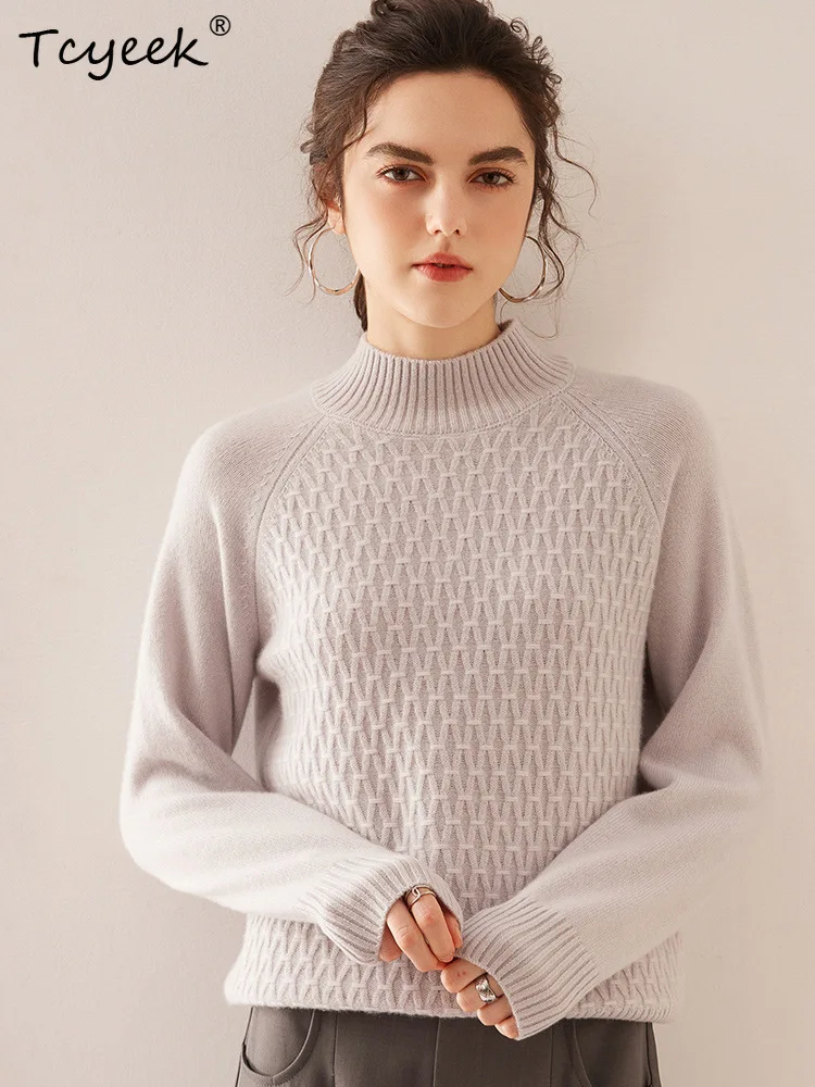

Tcyeek, элегантные свитера из кашемировой шерсти уровня A, женский жаккардовый свитер с воротником-стойкой, бутик-свитер OL, осенне-зимний топ 2024 T49112QM