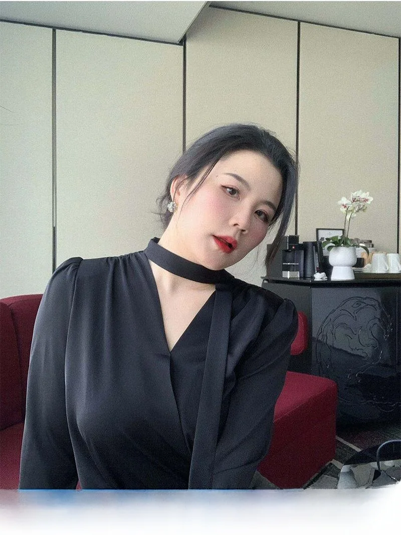 

Женская блузка/рубашка большого размера с длинным рукавом, из черного шелка, с завязками на талии, для офиса/повседневной носки