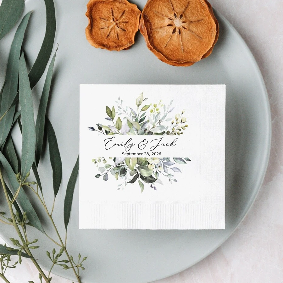 

50 Sheets Greenery Personalized Wedding Napkins, Custom Cocktail Napkins, Disposable Paper Napkin Wedding Table Decoration