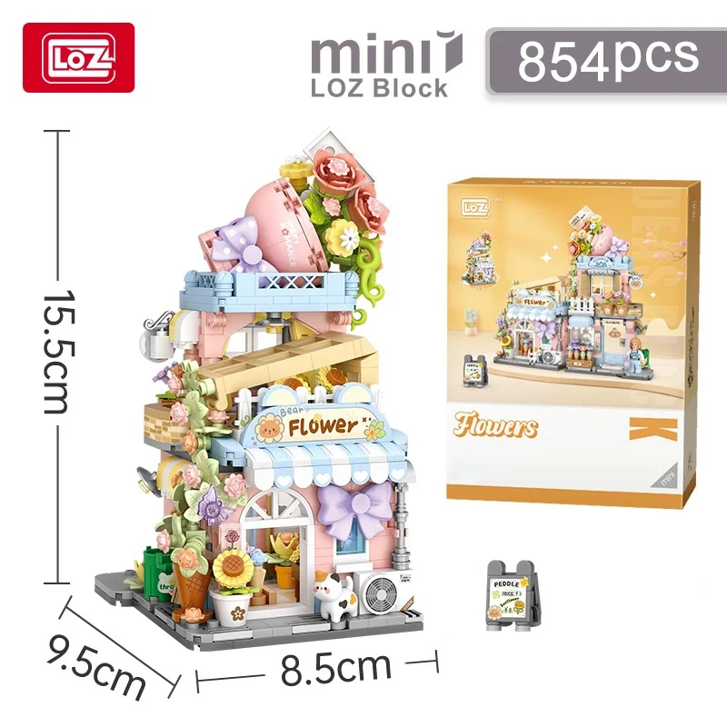 LOZ-4801 Klappbarer Street View Bär Takoyaki Holzhaus Blumenwerkstatt Gebäudehaus Modell Kinderbausteine Spielzeug