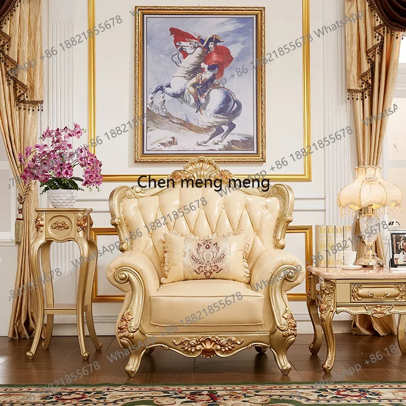 RR  European-Style Genuine Leather Set For Villa Luxury Living Room, Solid Wood Carved Champagne-Colored Large Three-Seater Sofa