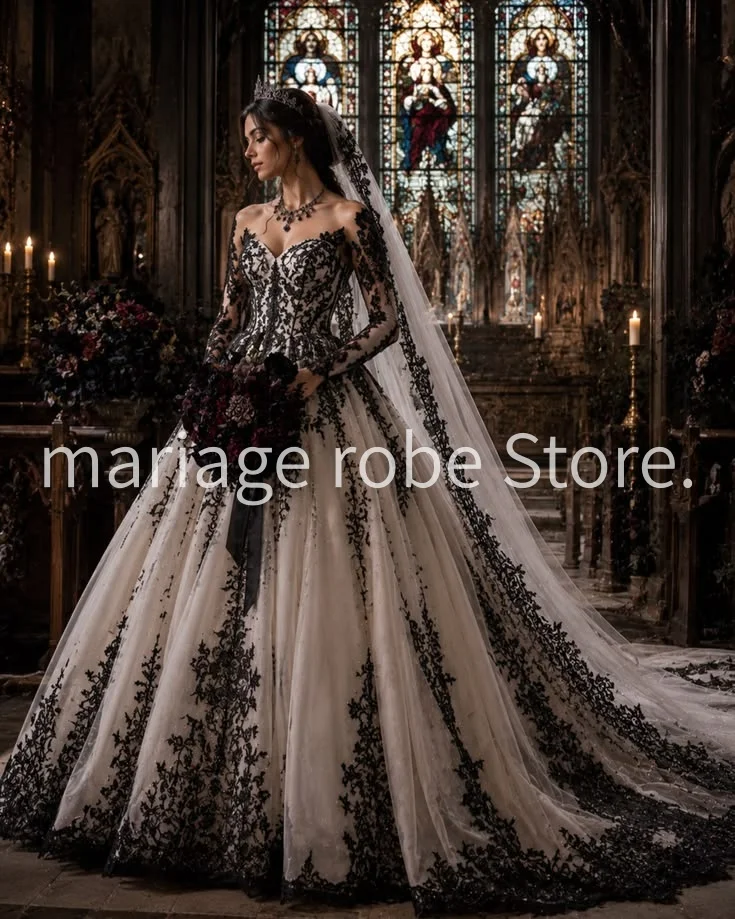 Black White Gothic Timeless Ball Gown Wedding Dresses Lace-up Corset Long Sleeve Applique Civil Bridal Gown Outfit customized