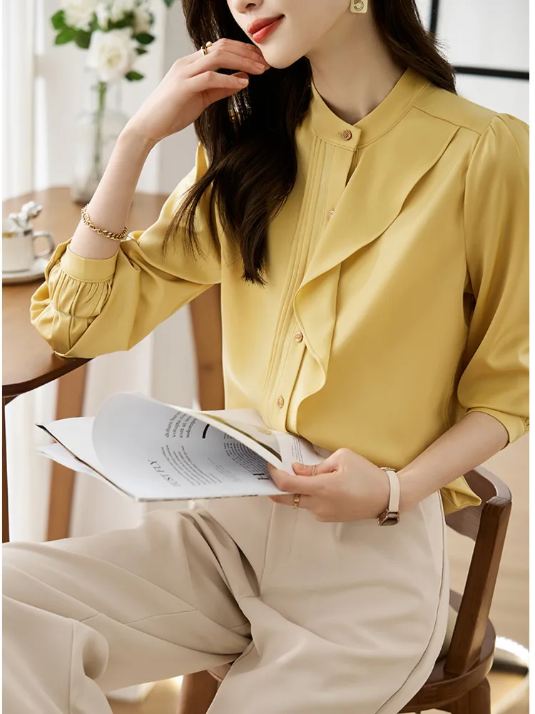 #3222 Yellow Office Shirts Stand Collar Split Joint Ruffles Chiffon Blouse Femme Long Sleeve Elegant Single Breasted Shirt Women