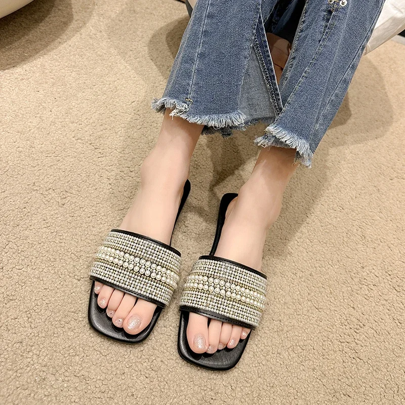 2024 Summer New Fashion Casual Pearl Women\'s Slippers Solid Flat  Open Toe Shoes Women Outdoor Beach Slippers