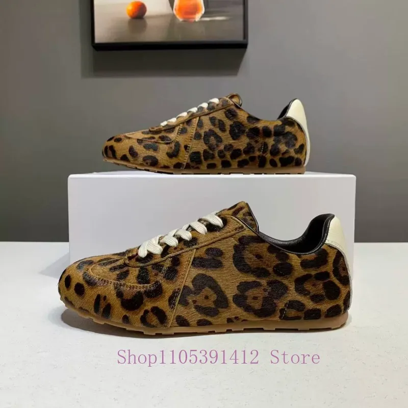 British-style Horsehair Training Shoes Women New Genuine Leather Flat Sneakers Breathable Comfortable Leopard Print Casual Shoes