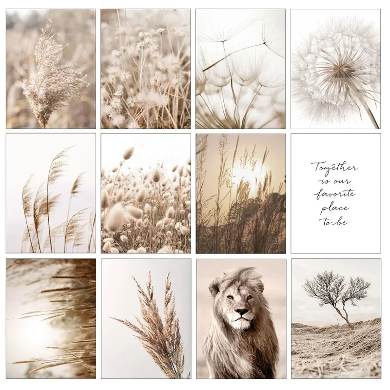 

Grassland Lion Landscape ArtPosters Canvas Dandelion Painting Reed and Painting Hay Pictures Wall Posters for Livingroom Decor