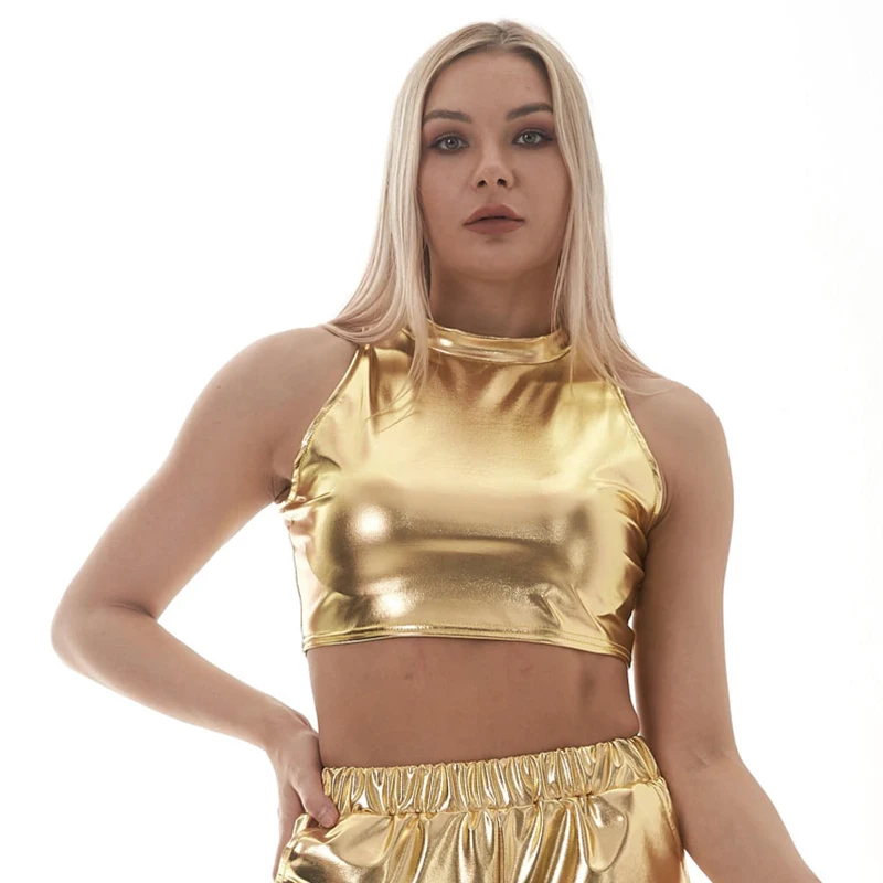Women Shiny Crop Top Mock Neck Metallic Spandex Vest PU Faux Leather Sleeveless Sexy Tank Top Pole Dance Costumes Clubwear Party