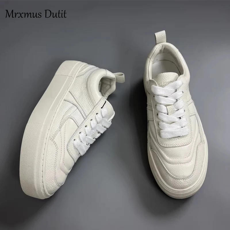 Mrxmus 2023 Women New Fashion Lacing Round Head Flat Thick Sole Sneaker Solid Versatile Casual Simple White Shoes Female Chic