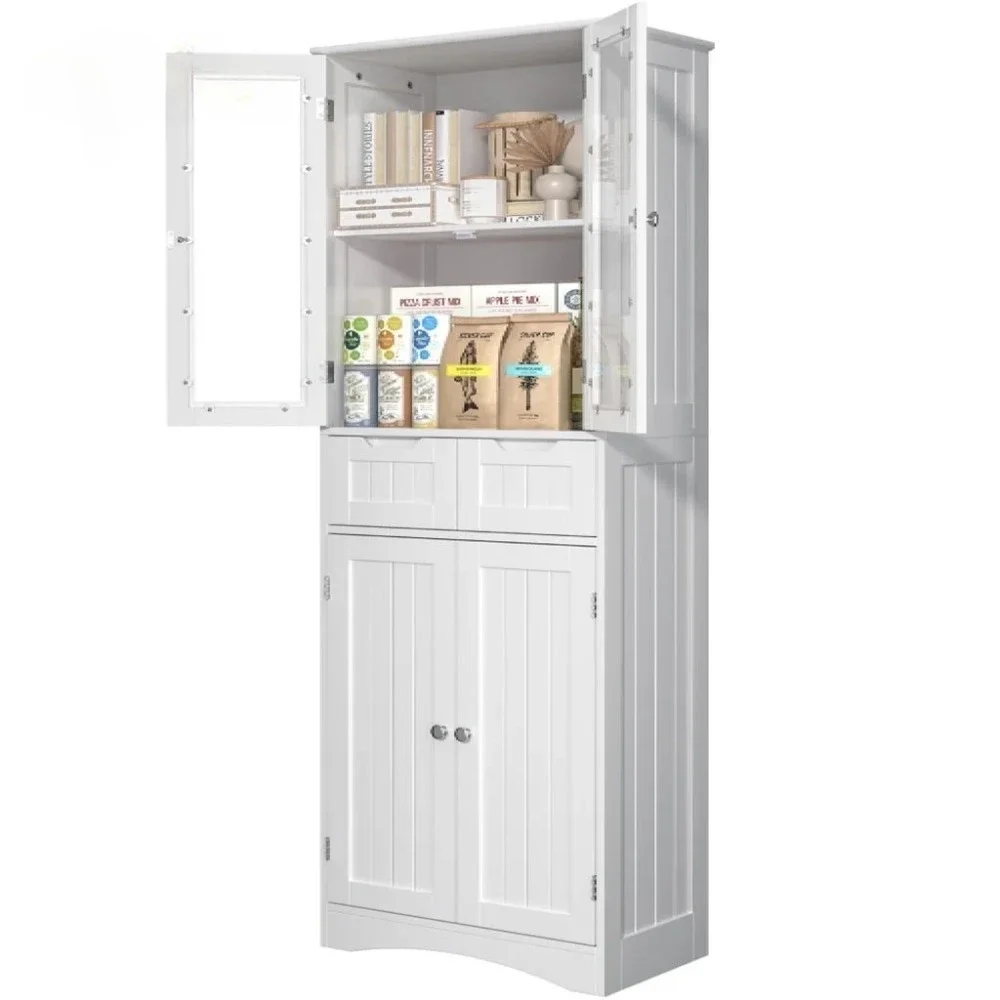 

67-дюймовый кухонный шкаф для хранения кладовой, шкаф для хранения кладовой с 2 ящиками и стеклянными дверцами для кухни, столовой — белый