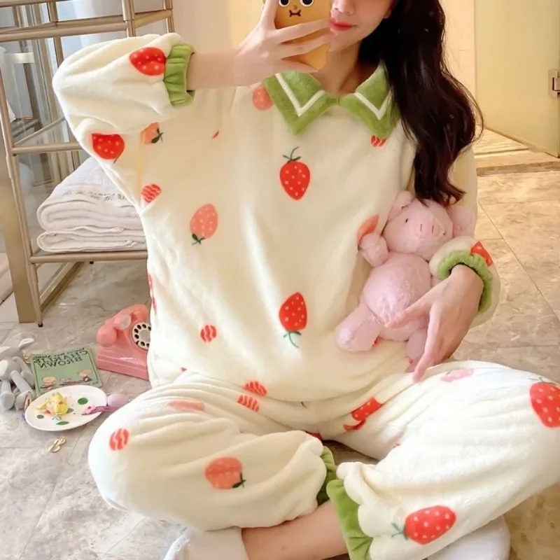 Coral Fleece Pajama Sets Women Winter Warm Sleepwear Long Sleeve Trouser Pajamas Flannel Thick Loungewear Korean Kawaii Clothes