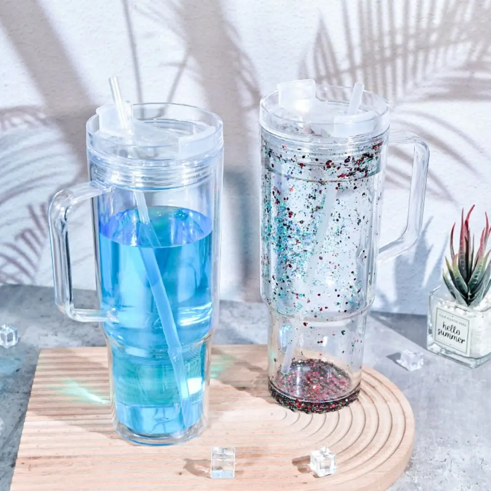 40 oz Schneekugel-Trinkbecher mit Griff, vorgebohrten Löchern, Glitzer-Schneekugel, transparente DIY-Plastikbecher, Trinkgeschirr