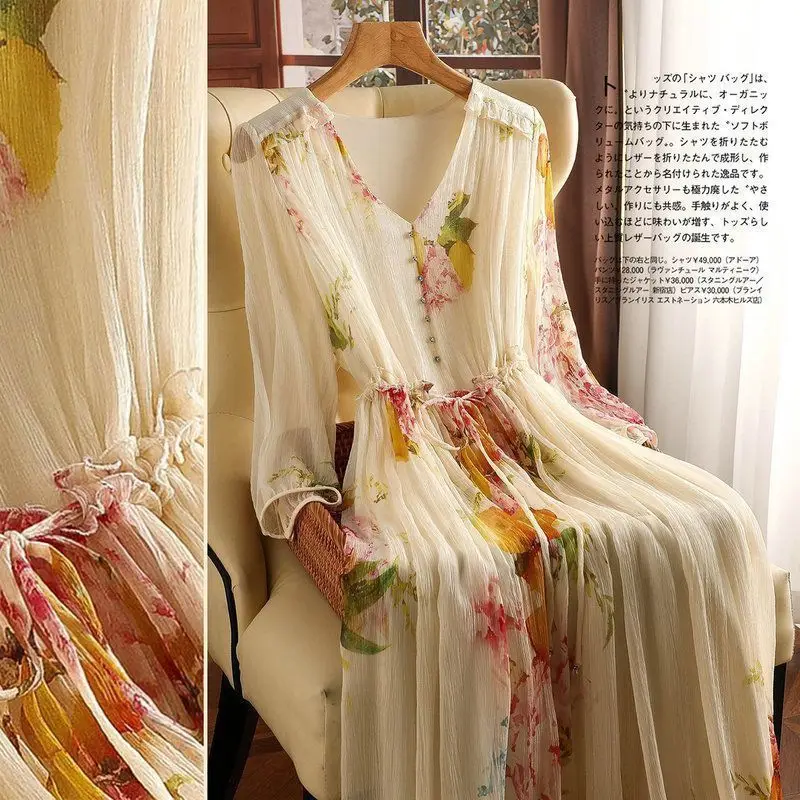 Robe amincissante à fleurs pour femmes, élégante, imprimée, col en v, jupe longue, robe de vacances, longueur aux genoux, nouvelle collection printemps été 2025