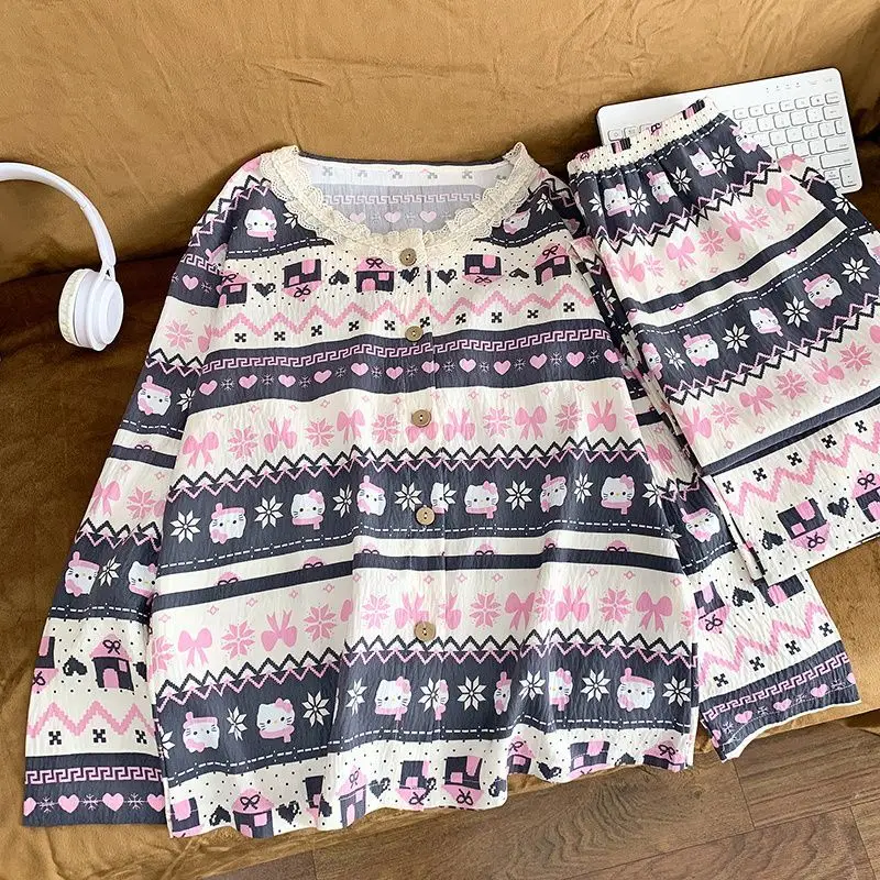 

Sanrio Hello Kitty Cotton Lace Nightie Lady Pajamas Spring Sleepwear Long Sleeve Pant Pijama Kawaii Nightwear Cartoon Home Suit