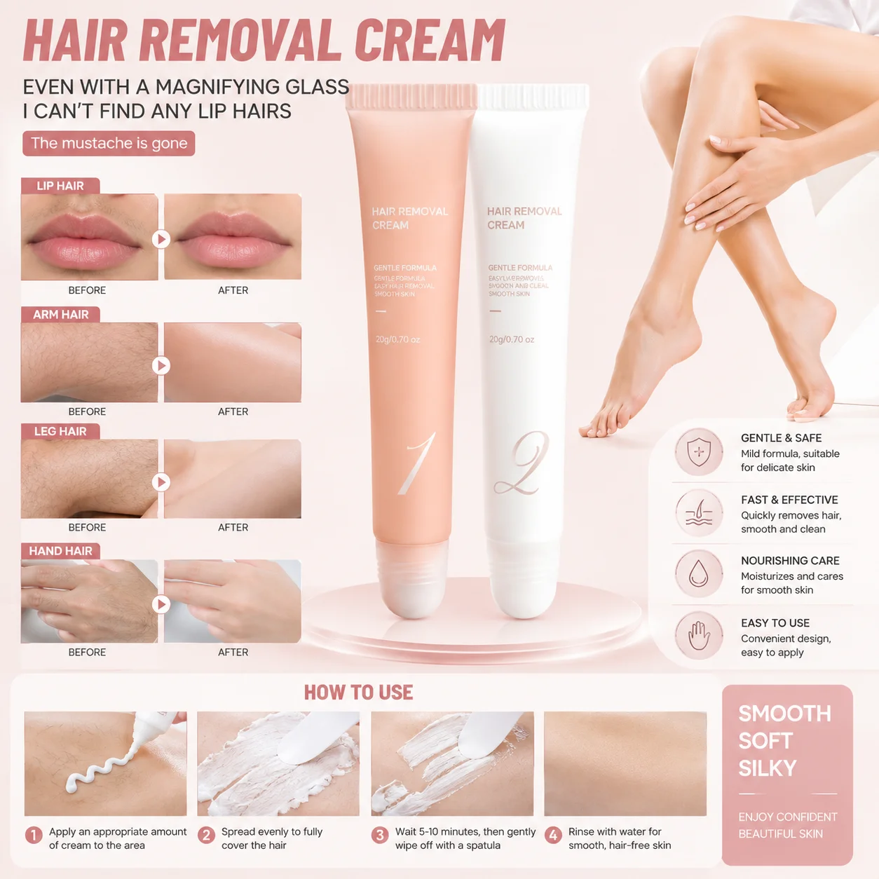 `Gentle Lip Hair Removal Cream for Women Men, Painless Moustache Remover, Hair‑Dissolving Formula for Sensitive Facial Skin`