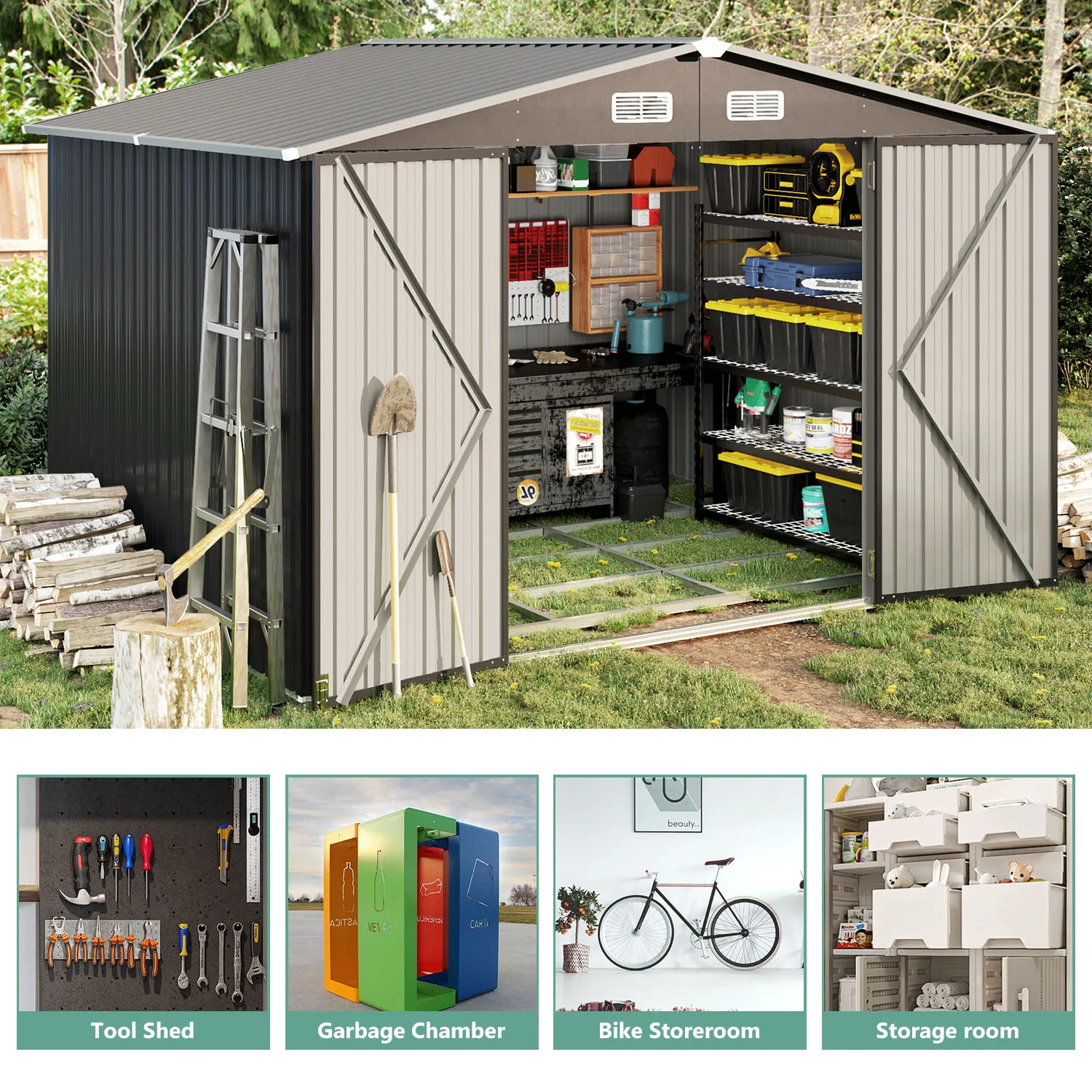 Outdoor Storage Shed Garden Tool House Four Room Big Size  Plastic Waterproof Set Resin Window Frame Layer Parts