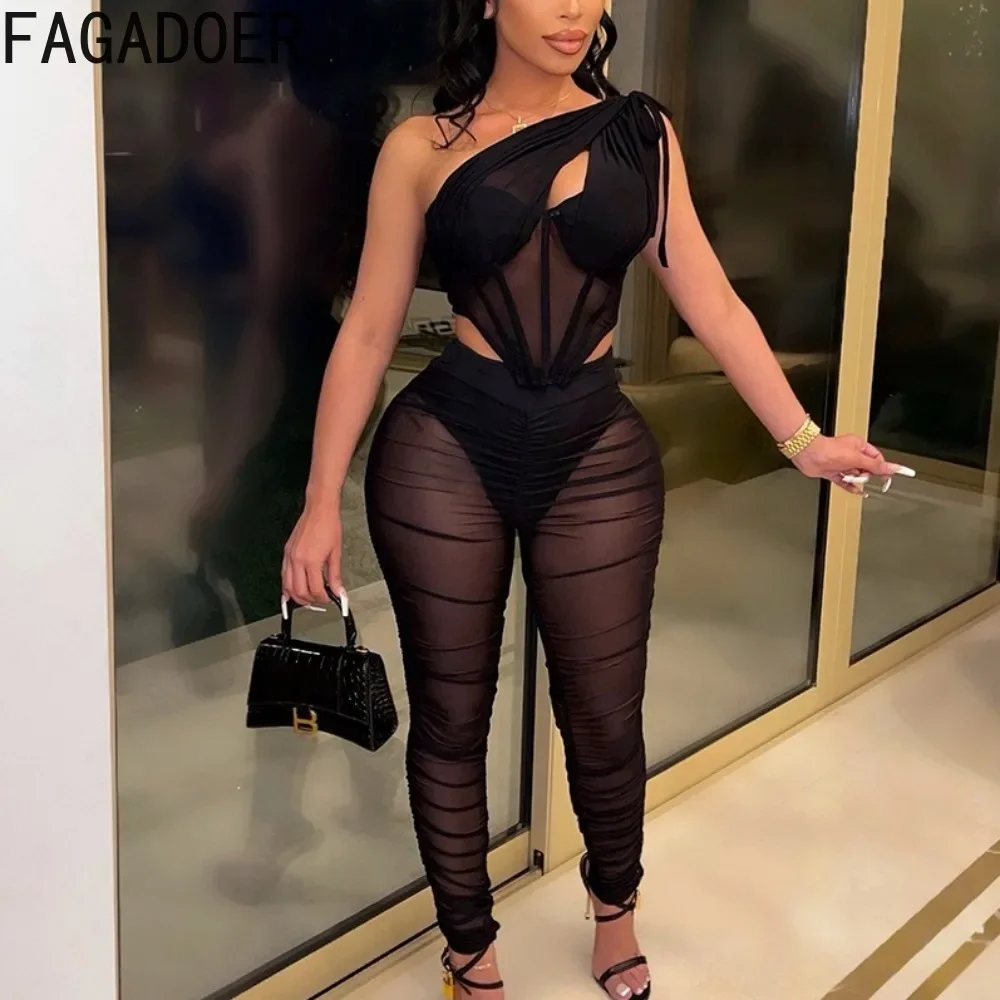 

FAGADOER Sexy Mesh Perspective Irregular Two Piece Set For Women One Shoulder Hollow Slim Top And Stacked Pants Nightclub Outfit