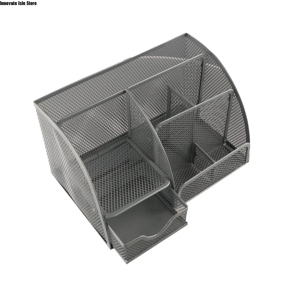 Creative Multi Grid Pen Holder Metal Mesh Multi-functional Desktop Office Organizer 6 Compartments 1 Drawer Sundries Storage Box