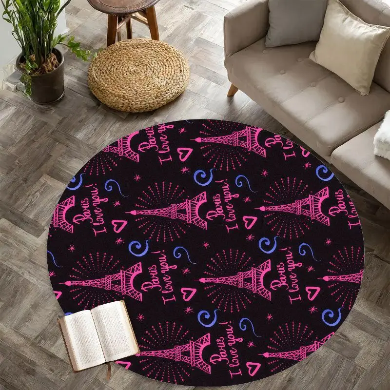 Paris Love Eiffel Tower Round Rug Flannel Soft Non Slip Mat Living Room Bedroom Decor Gift For Her Valentine Day Romantic Home