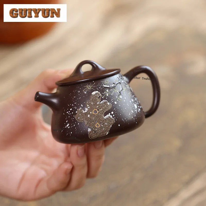100ml Retro Yixing Purple Clay Teapots Famous Artists Handmade Stone Scoop Pot Raw Ore Purple Mud Kettle Chinese Zisha Tea Set