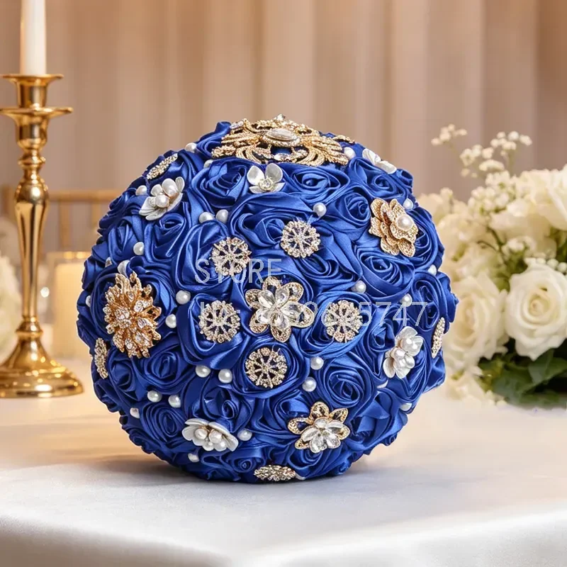 for Korean sapphire blue simulation satin rose bridal bouquet golden rhinestone pearl immortal bouquet W3006BG