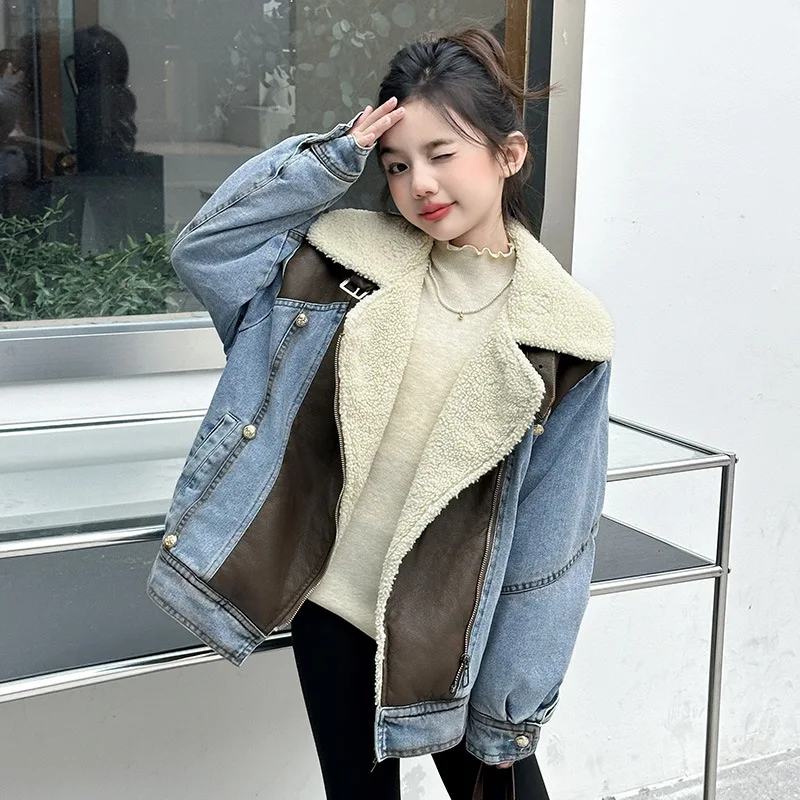 

Girls Winter Cashmere Denim Jacket 2024 New Korean Version Loose Splicing Fashion Simple Casual Coat European Fashion Style