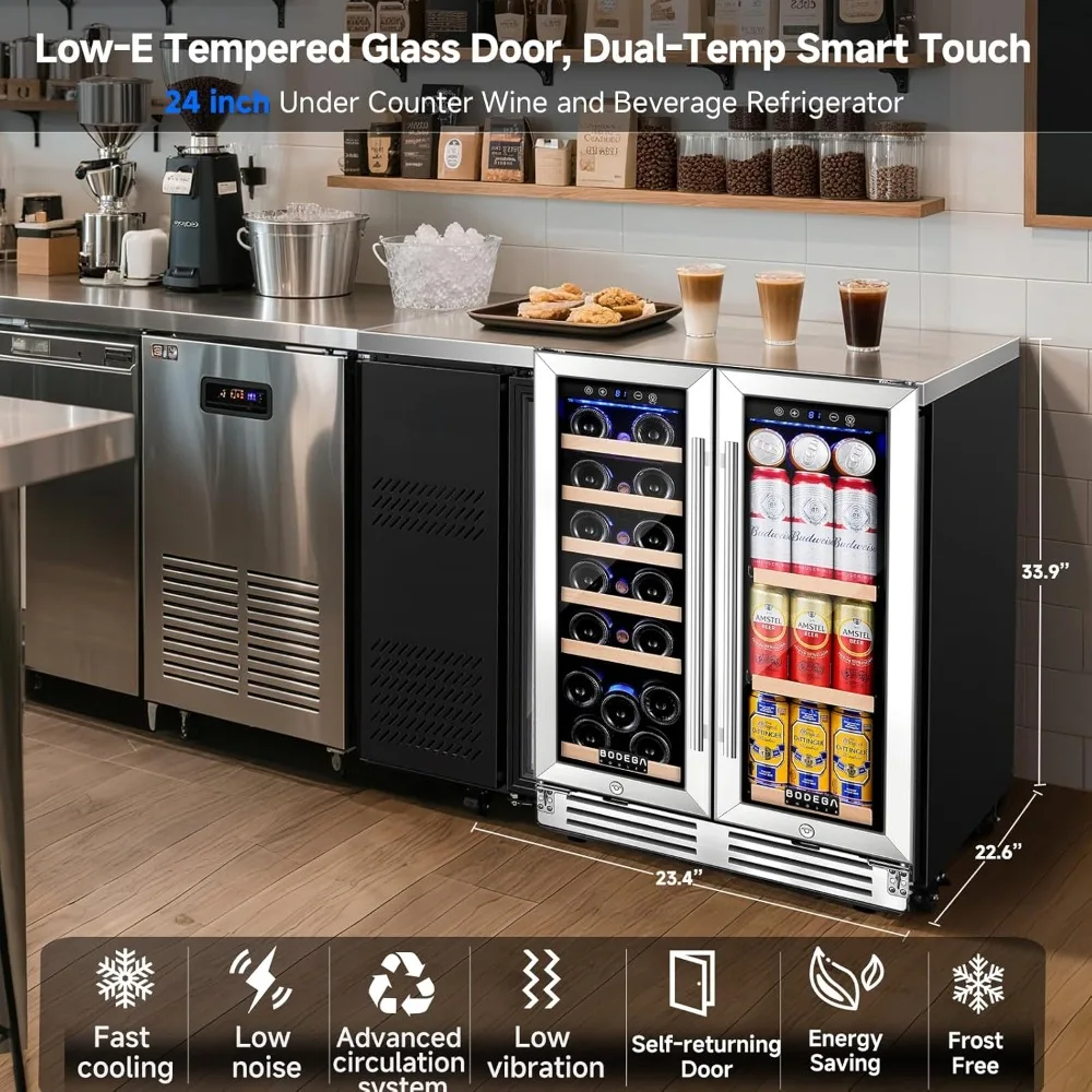 Refrigerador de vinho e bebidas personalizado de 24 polegadas, refrigerador de bebidas de vinho e bar de zona dupla, refrigerador de bar preto comercial com 2 gl