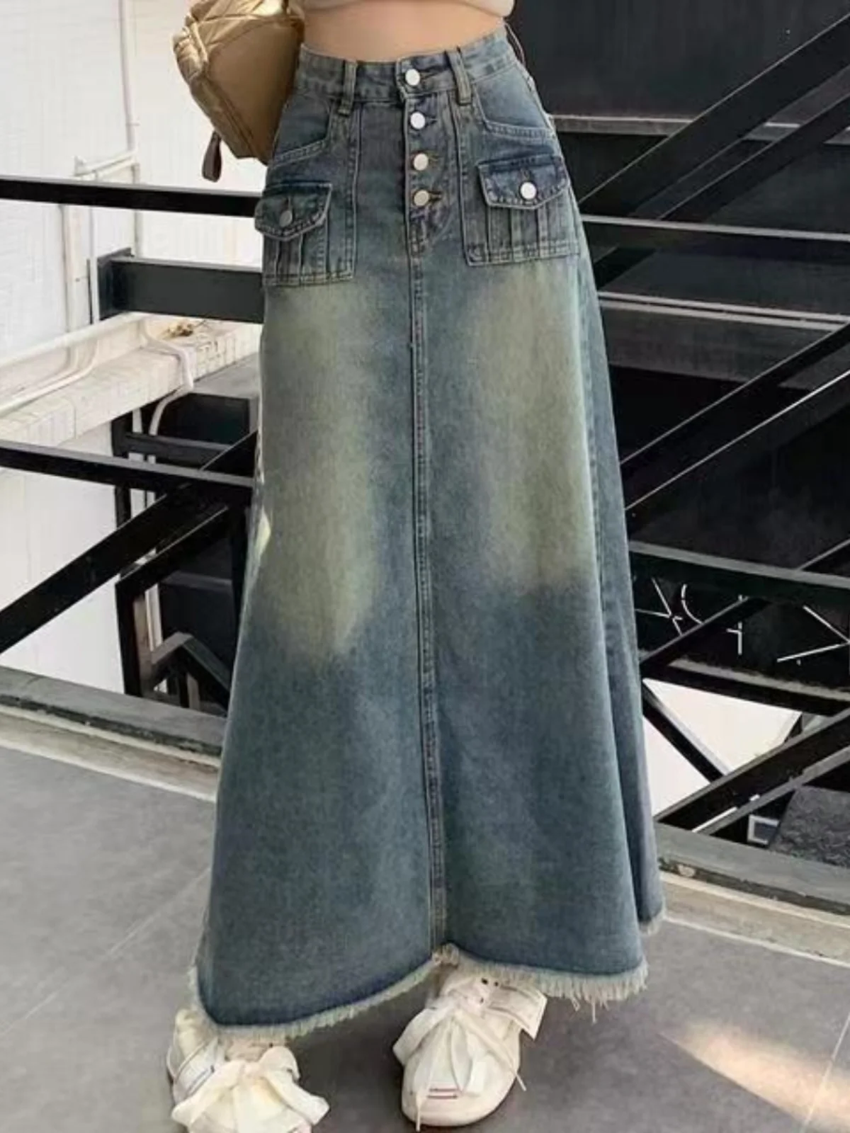 Retro American Denim  Skirt Women's Spring Summer High Waist A-Line Long Skirt Frayed Hemline Korean Style Commute Pure C...