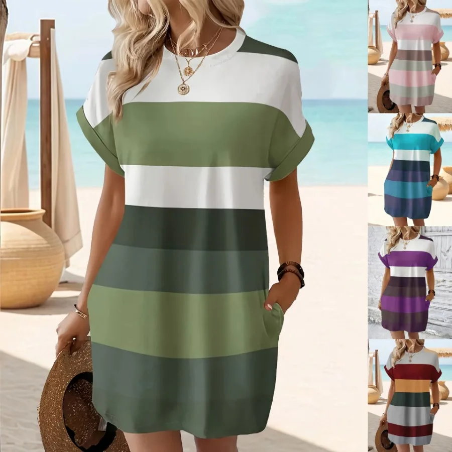 

ХИТ! Новинка лета 2026: модное повседневное женское платье с круглым вырезом, в полоску, больших размеров, с коротким рукавом, в европейском и американском стиле.