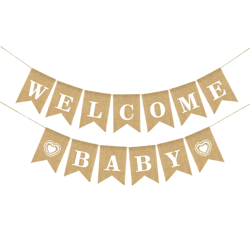 WELCOME BABY Letters Bunting Banner Decoration Heart Shape Linen Burlap Banner Swallowtail Pull Flag Party Supplies for Birthday