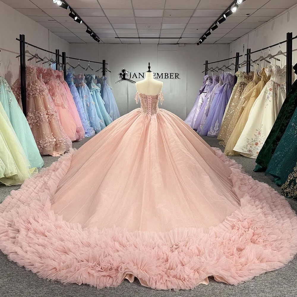 Luxury Pink Quinceanera Dress Ball Gown Off Shoulder Beaded Corset Tiered Ruffle Train Custom Size Vestido de Quinceanera