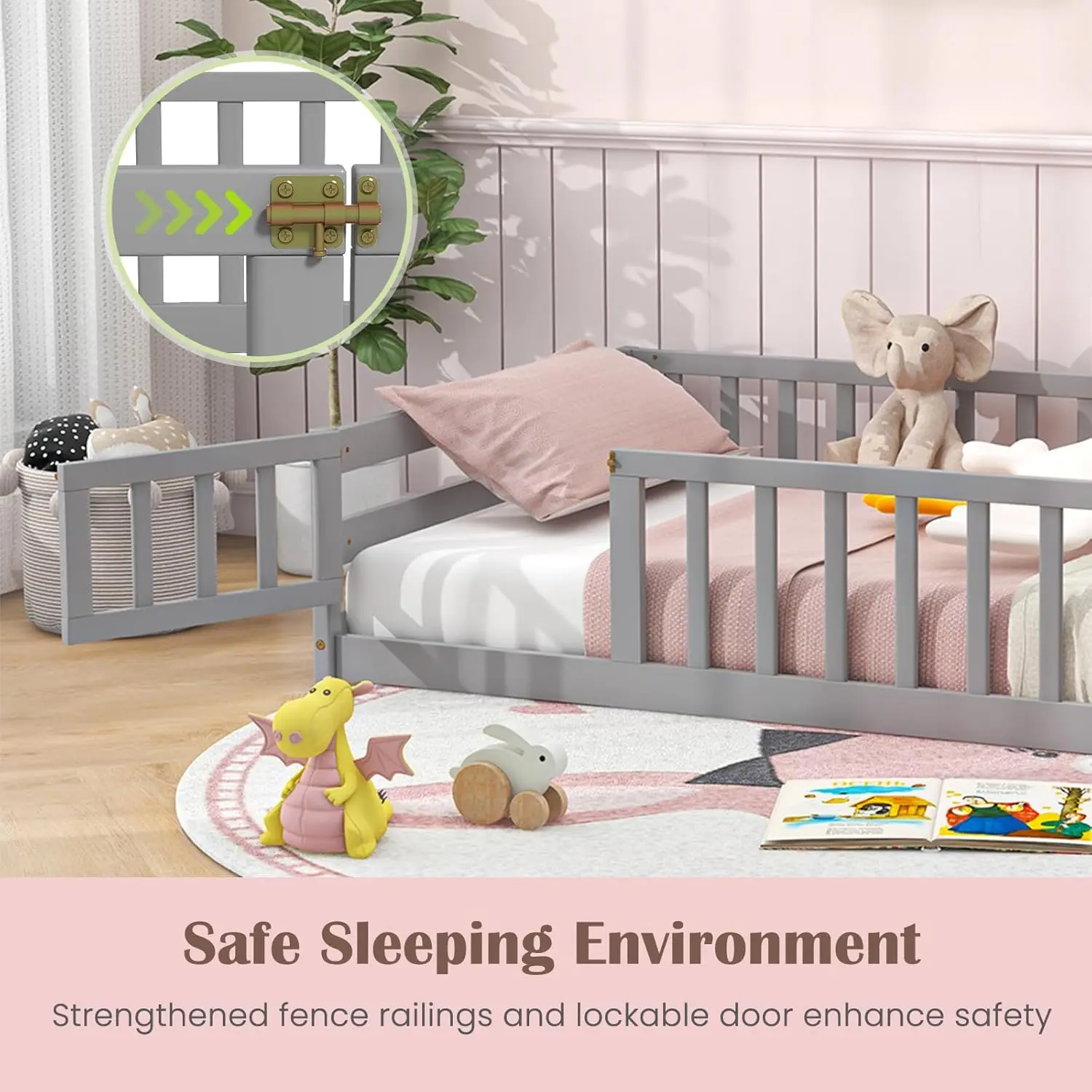 إطار سرير مونتيسوري خشبي مع باب ودرابزين أمان، سرير أرضي للأطفال والأولاد والبنات، لا حاجة إلى صندوق زنبركي، بدون خشب S