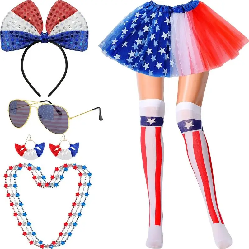 PESENAR American Flag Costume Accessories Set Red White Blue Tutu,Necklaces,Tassel Earring,Sunglasses,Bow Headband,Stocking