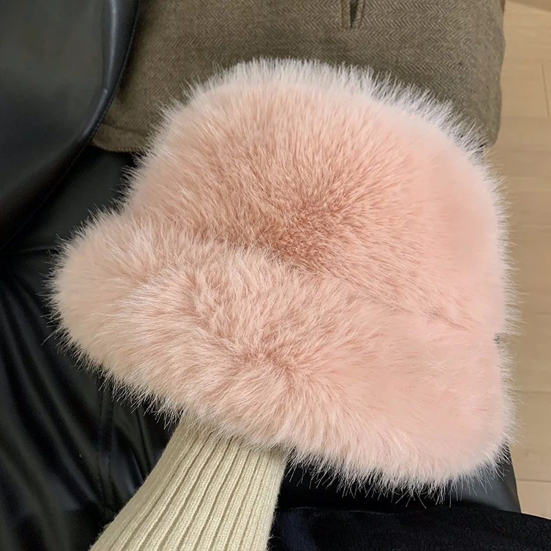 Fashion Faux Fur Big Bucket Hat for Women Russian Cossack Fluffy Winter Wrap Hat Fuzzy Fluffy Bucket Hat Oversized Pink Wine Red