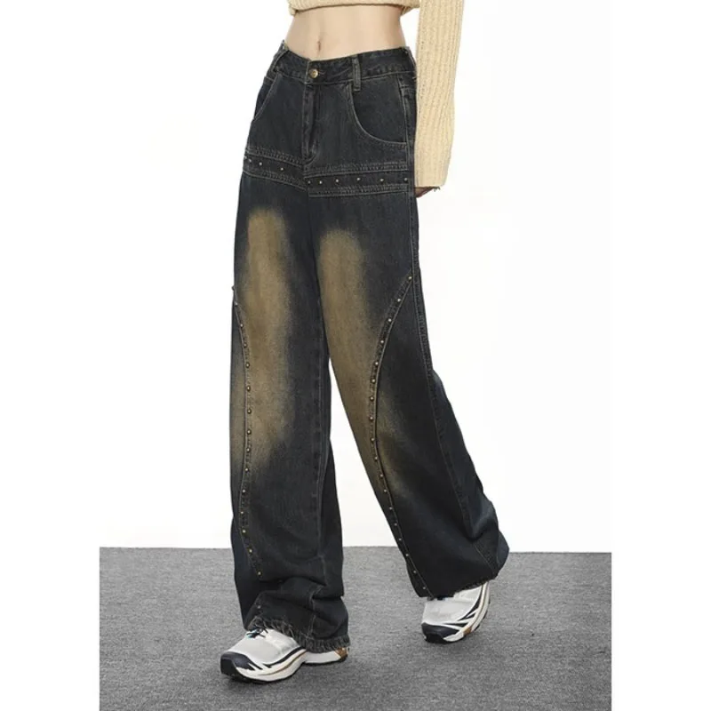 Jean perlé vintage pour femme, pantalon en denim, jambe large, taille haute, style Y2K, mode streetwear, FJAutomne