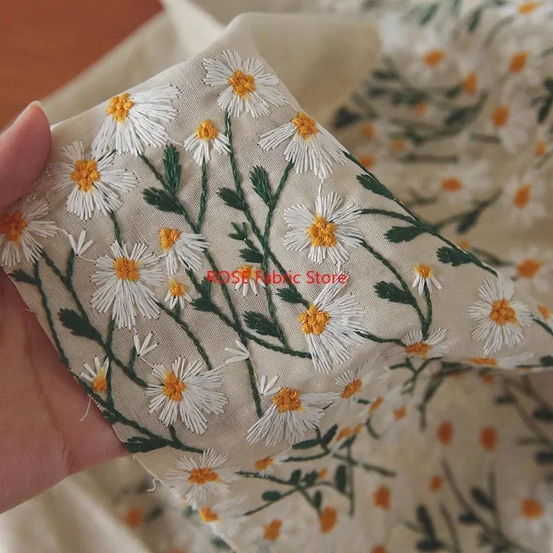 3D Retro Daisy flower Embroidery Linen Cotton Fabric for skirts, dress, table cover, costumes design, hair accessories sewing