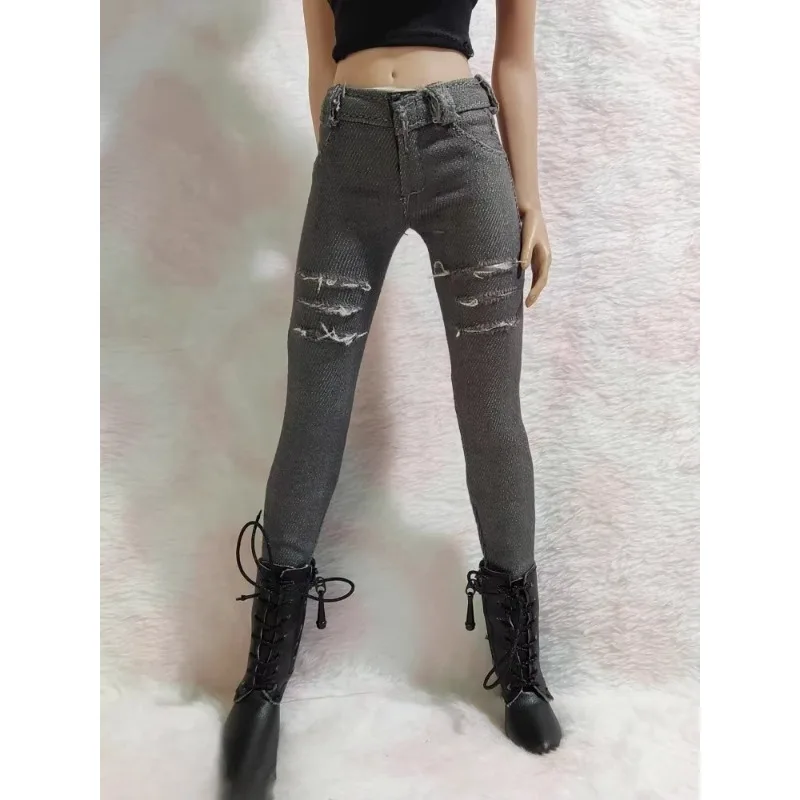 1/6 스케일 여성 군인 찢어진 타이트 핏 힙 허깅 진 라운드 넥 반팔 티셔츠 의류 모델 12인치 PH 토이즈 바디용