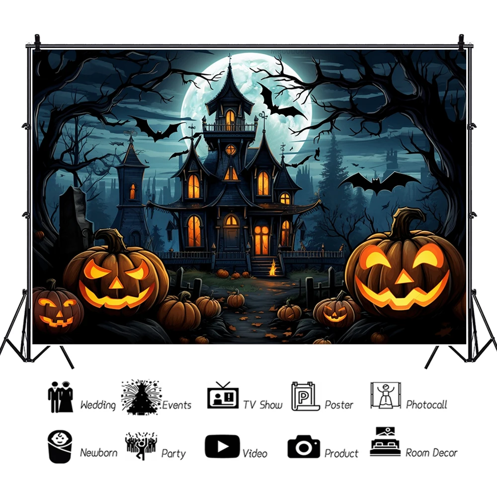 Halloween Skeleton House Horror Night Pumpkin Family Party Banner Backdrop Custom Adult Kids Wall Photo Poster Decor Background